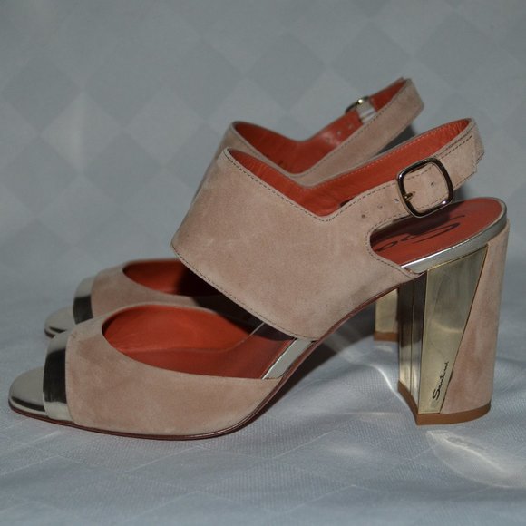 $585 Sz 38 7.5 Santoni Tan Suede Gold Detail Strappy 3.5" Heels - Picture 1 of 6